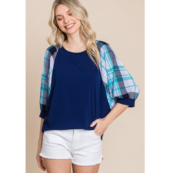 Emerald Tops - 🌻 Emerald Navy Top with Plaid Teal and Light Blue Puff Sleeves